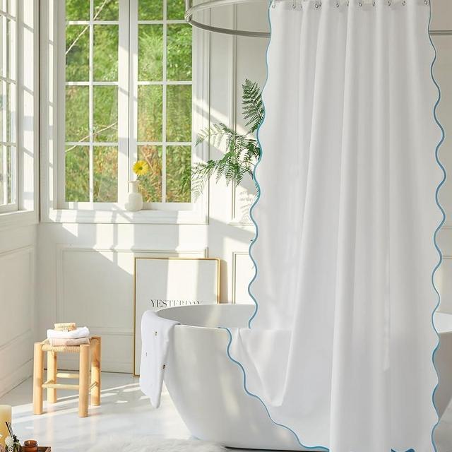 youngseahome White Fabric with Aqua Scalloped Border Shower Curtain,Boho Chic Cloth Shower Curtain for Bathroom Showers,72 x 72 Inches