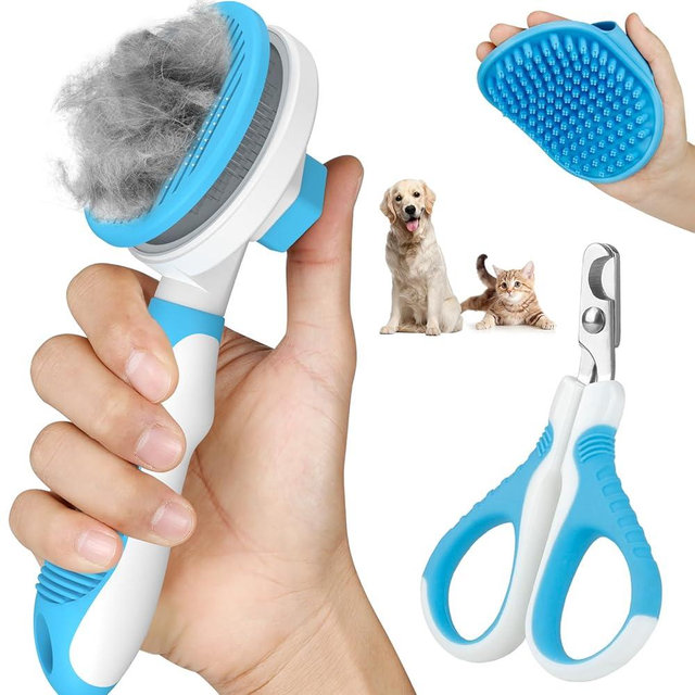 Comotech 3PCS Cat Grooming Kit | Cat Brush | Cat Brushes for indoor Cats | Cat Nail Clipper | Cat Nail Trimmer | Cat Bath Brush | Cat Brush for Shedding - Premium Cat Supplies (Blue)