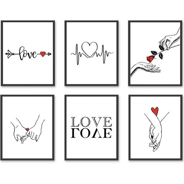 Holding Hands Wall Art Love One Line Drawing Couple Canvas Prints, 8”x10”, set of 6