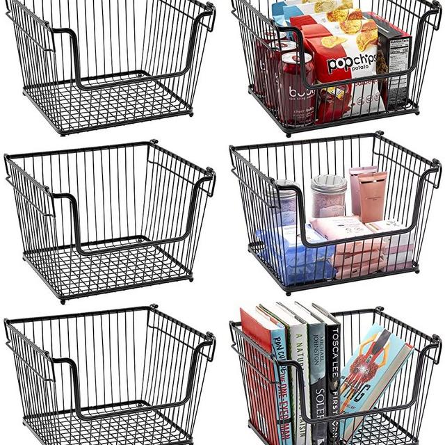Sorbus Wire Metal Basket Bin, Stackable Storage Baskets, Cubby Bins for Food, Kitchen, Home, Pantry Snack, Vegetable, Potato, Onion, Laundry Room, Office, Farmhouse, Iron Metal (6-Pack, Black)