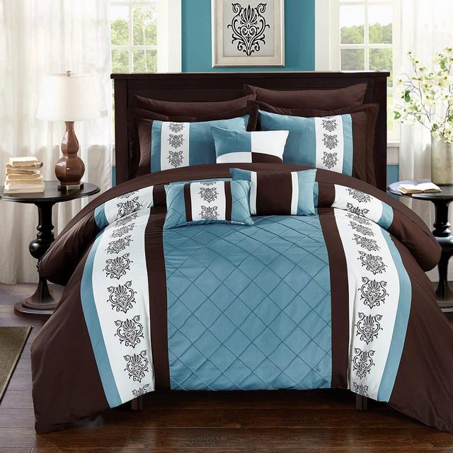 Chic Home Clayton 10 Comforter Pintuck Pieced Block Embroidery Bed in a Bag with Sheet Set Blue, King, Brown