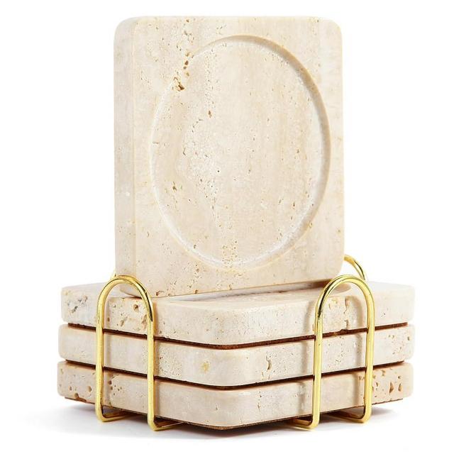 Itombuilty 4Pcs Travertine Coasters with Nature Limestone Material and Gold Metal Holder, 4”Diameter Square Shape Bar Coasters Set with Cork Pad for Housewarming Christmas Birthday Gift