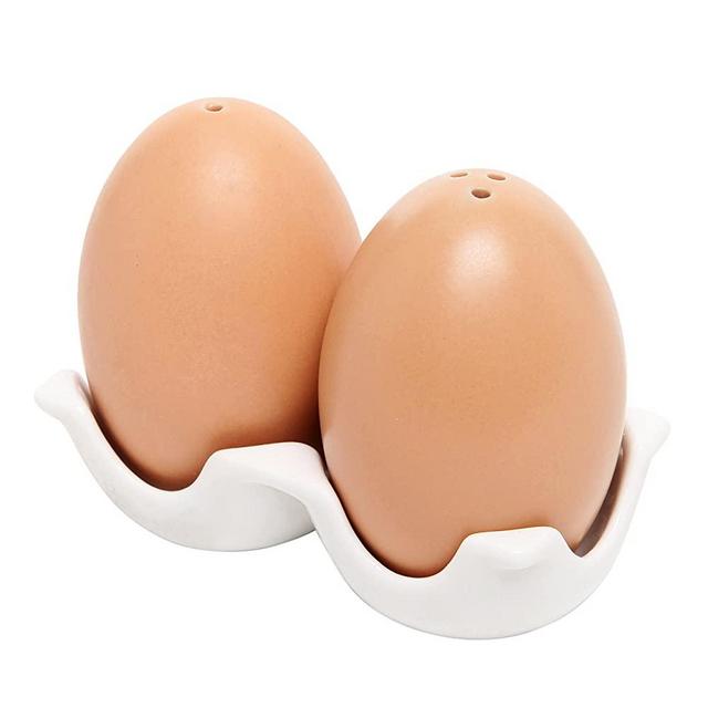 MyGift Ceramic Salt and Pepper Shaker Set, Mini Brown Egg Shaped Shakers with Carton Design Holding Stand, 3 Piece