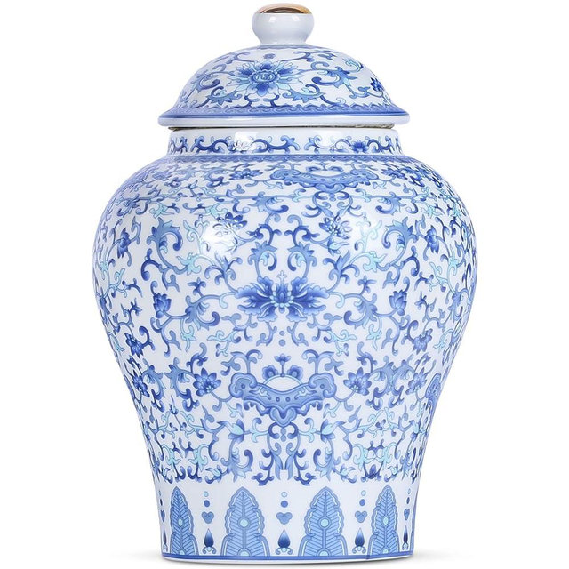 Chinese Ginger Jar with Lid Chinoiserie Antique Style,Home Decorative Retro Blue and White Porcelain Flowers Ceramic Covered Jar Vase,Traditional China Ming and Qing Style (Utmost Jar)
