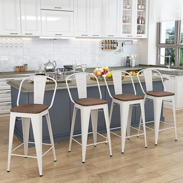 Yongqiang 24" White Metal Bar Stools Set of 4 High Back Counter Height Stools Kitchen Bar Chairs Modern Barstools with Wood Seat (Cream White)