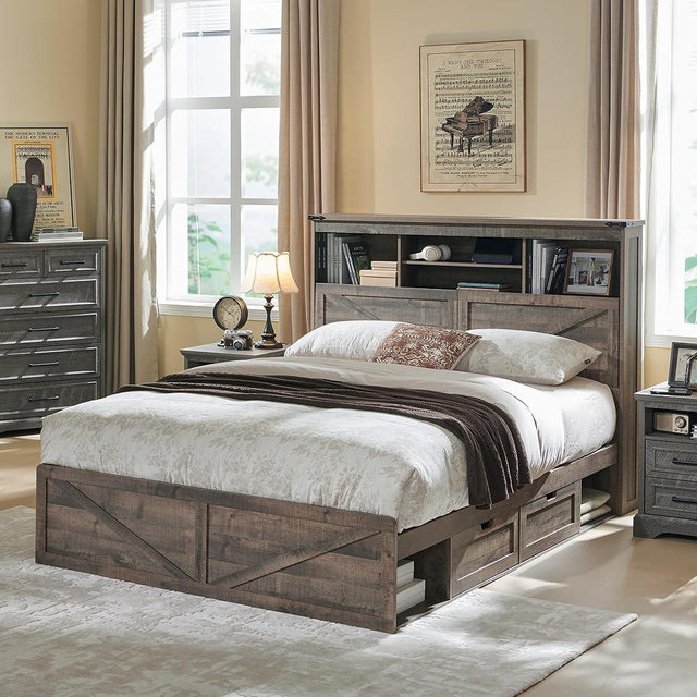 ACCOHOHO Farmhouse Queen Size Wood Bed Frame with 52" Tall Storage Headboard and 4 Drawers,LED Light,Charging Station,Solid Wood Slats Support,Noiseless,No Box Spring Needed,Light Brown