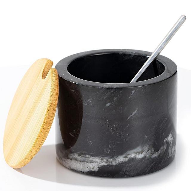 NHKRTE Marble Salt Cellar with Lid & Spoon, 11oz Salt and Pepper bowls, Handcrafted from Natural Marble, Smooth Inside (Black)