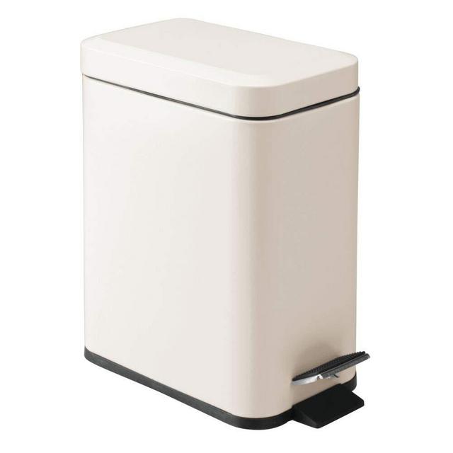 mDesign 1.3 Gallon Rectangular Slim Profile Steel Step Trash Can Wastebasket, Garbage Container Bin for Bathroom, Powder Room, Bedroom, Kitchen, Craft, Office - Removable Liner Bucket - Cream/Beige