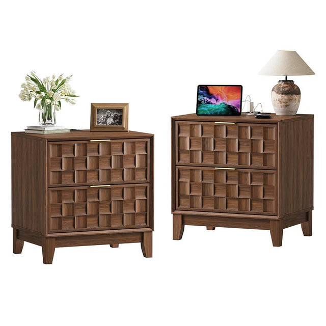 COLAMY Night Stand Set of 2, Nightstand with Charging Station, 22" Modern Bed Side Table with 2 Storage Drawers and Chessboard Relieffor Bedroom, Dorm and Small Spaces - Walnut