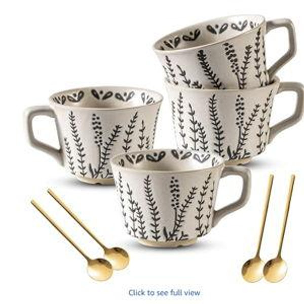 Ceramic Latte Mug Set of 4 with Gold Spoon, 11 Ounce Porcelain Cups for Latte, Hot Tea, Cappuccino, Mocha, Cocoa, Housewarming Wedding Present Gifts for Men Women Dishwasher Microwave Safe