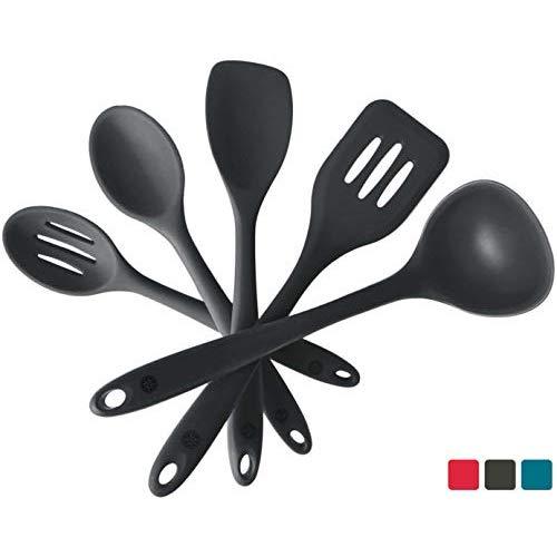 StarPack Premium Silicone Kitchen Utensil Set (5 Piece Set, 10.5") - High Heat Resistant to 600°F, Hygienic One Piece Design Spatulas, Serving and Mixing Spoons (Gray Black)