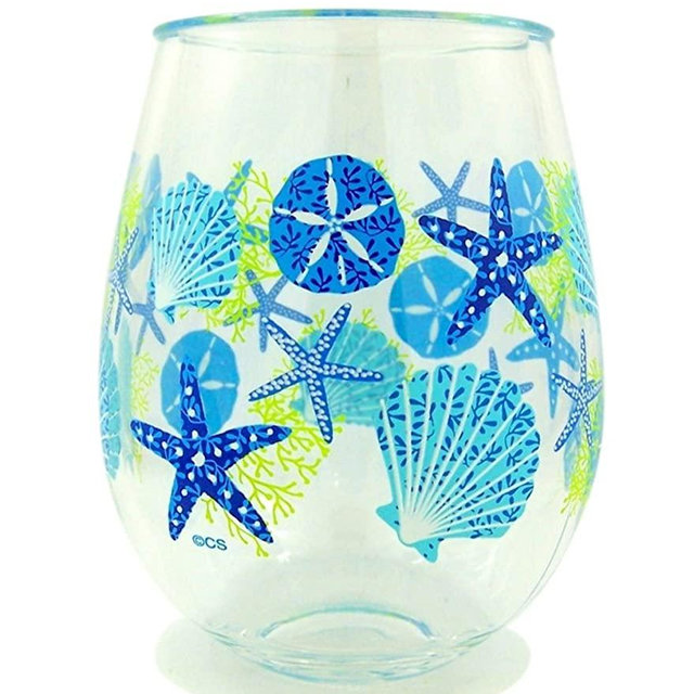 Summer Sea Shells Beach Plastic Wine Glass Tumbler, 16 oz, Pack of 2