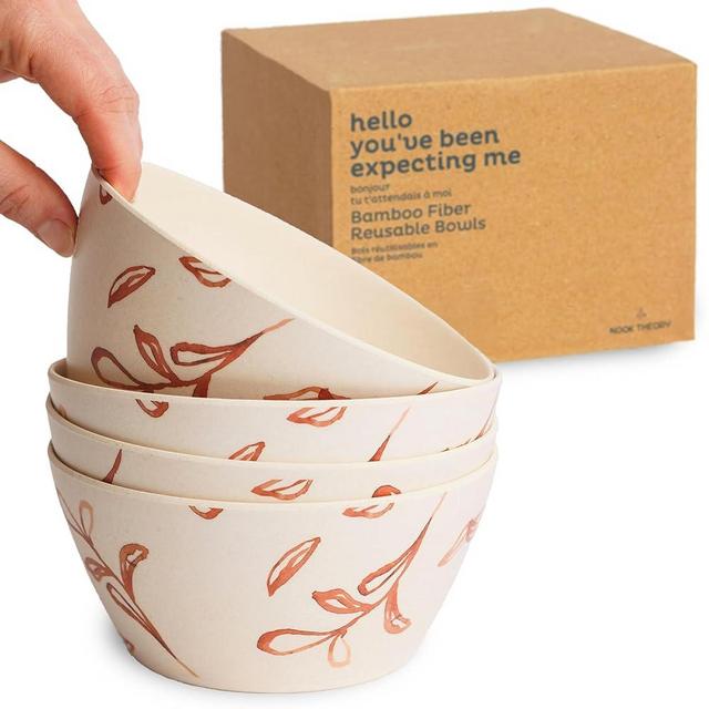 Nook Theory 4 Pack Bamboo Bowls V Shaped - 22 Oz Kids Bowl, Shatterproof, Food-Grade, Dishwasher Safe - Not Microwavable Bamboo Dishes (Wildflower)