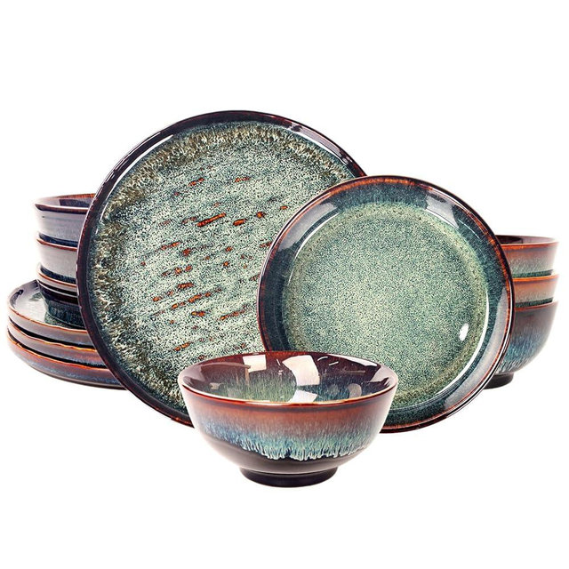 jinsongdafa Dinner Set 12 Pieces - Round Reactive Glaze Tableware - Kitchen Dinnerware Porcelain Crockery with Dinner Plate, Bowl and Soup Plate Service for 4, Microwave Dishwasher Safe, Set (No.4)