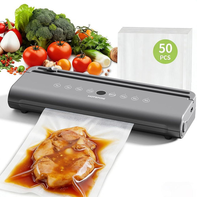 HOTSPIRE Food Vacuum Sealer Machine, Powerful & Continuous Vacuum Sealing for Kitchen Storage & Meal Prep, Wet & Dry Food Sealing, Detachable Upper & Lower Design for Easy Cleaning, Includes 50 Bags
