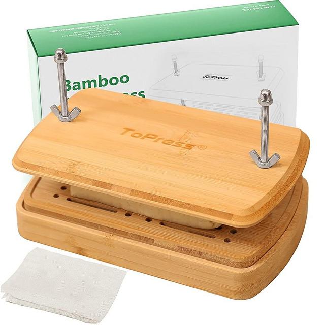 Bamboo Tofu Press, Built in Tofu Strainer and Drip Tray with Cheese Cloth- Easily Remove Water from Tofu and other food (With Spatula)