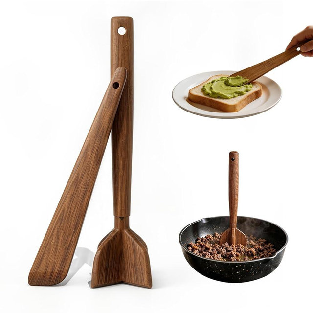 Livanira 2 Pcs Teak Wood Ground Beef Masher and Spatula Set, Heat Resistant Meat Chopper for Hamburger, Potato Mix Tool, Chicken Shredder, Kitchen Appliances Utensils Essentials Set