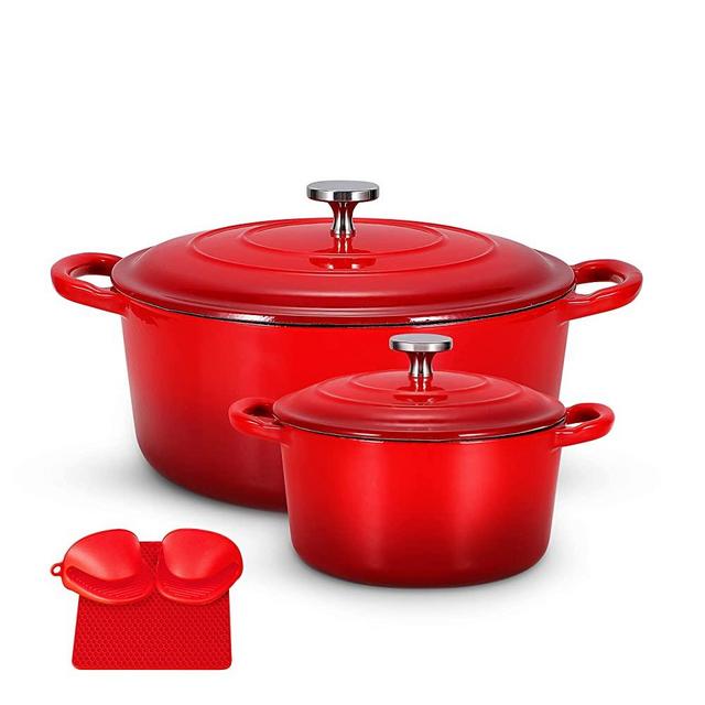 ExcelSteel 3-Piece Cast Iron Skillet Set with Red Enamel Coating