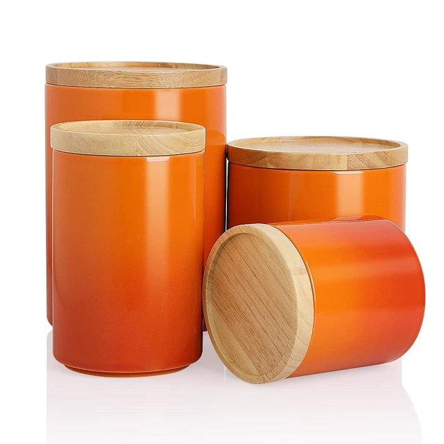 Sweejar Kitchen Canisters Ceramic Food Storage Jar Set, Stackable Containers with Airtight Seal Wooden Lid for Serving Ground Coffee, Tea, Herbs, Grains, Sugar, Salt - Set of 4 (Gradient Orange)