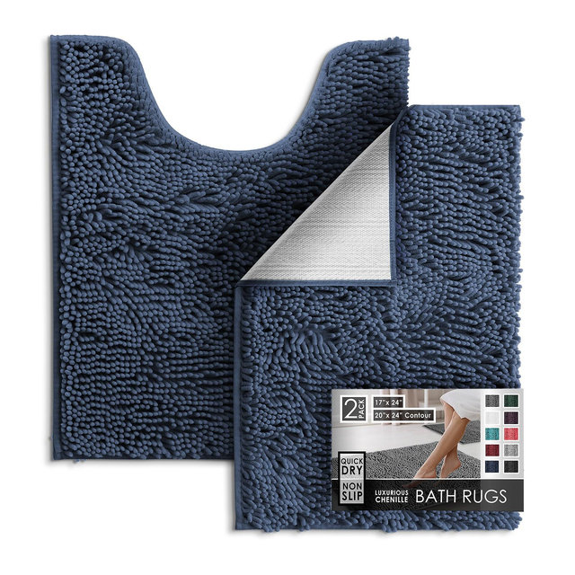 Hearth & Harbor Bathroom Rugs, 2 Piece Chenille Bath Mat Set - Navy Contour Bath Rug, 17x24-20x27