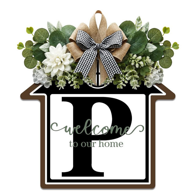 Large 14" Last Name House Front Door Wreath Decor for All Seasons, 26 Initial Letter Wreaths for Front Door Porch Welcome Garland and Eucalyptus Hanging Gift for Farmhouse Welcome Sign (P)