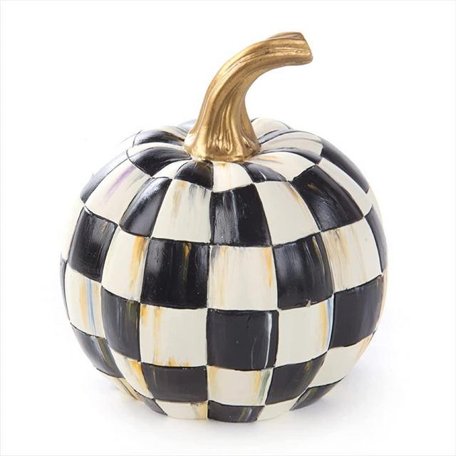 MacKenzie-Childs Courtly Check Black-and-White Mini Decorative Pumpkin for Fall Decor, Autumn Decorations for Home