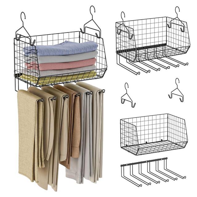 X-cosrack Hanging Closet Organizers and Storage with Pants Hanger, Collapsible Hanging Closet Shelves, Adjustable Hanging Organizer for Closet & RV, Black, 2-Packs