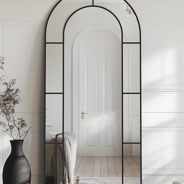 Antok 76" x 34" Full Length Mirror, Floor Mirror Arched Window Decorative Mirror, Metal Framed Decor Farmhouse Floor Mirrors Art Pane Mirrors Wall Decor for Bedroom, Living Room, Entryway Black