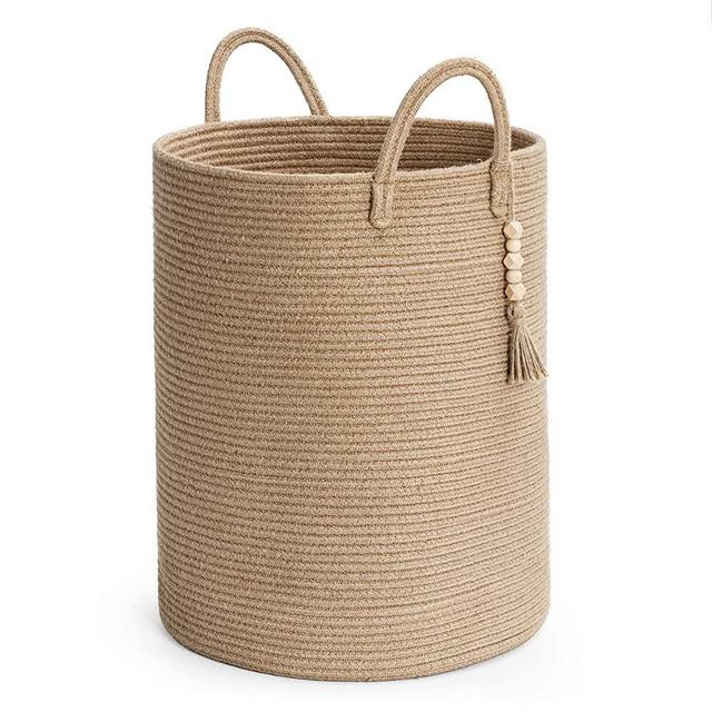 Goodpick Tall Wicker Laundry Basket with Handles, Boho Decorative Storage Basket for Living Room, Bedroom, Entryway, Bathroom, Large Woven Blanket Basket for Pillows, Towels, Shoes, Jute, 16" x 20"