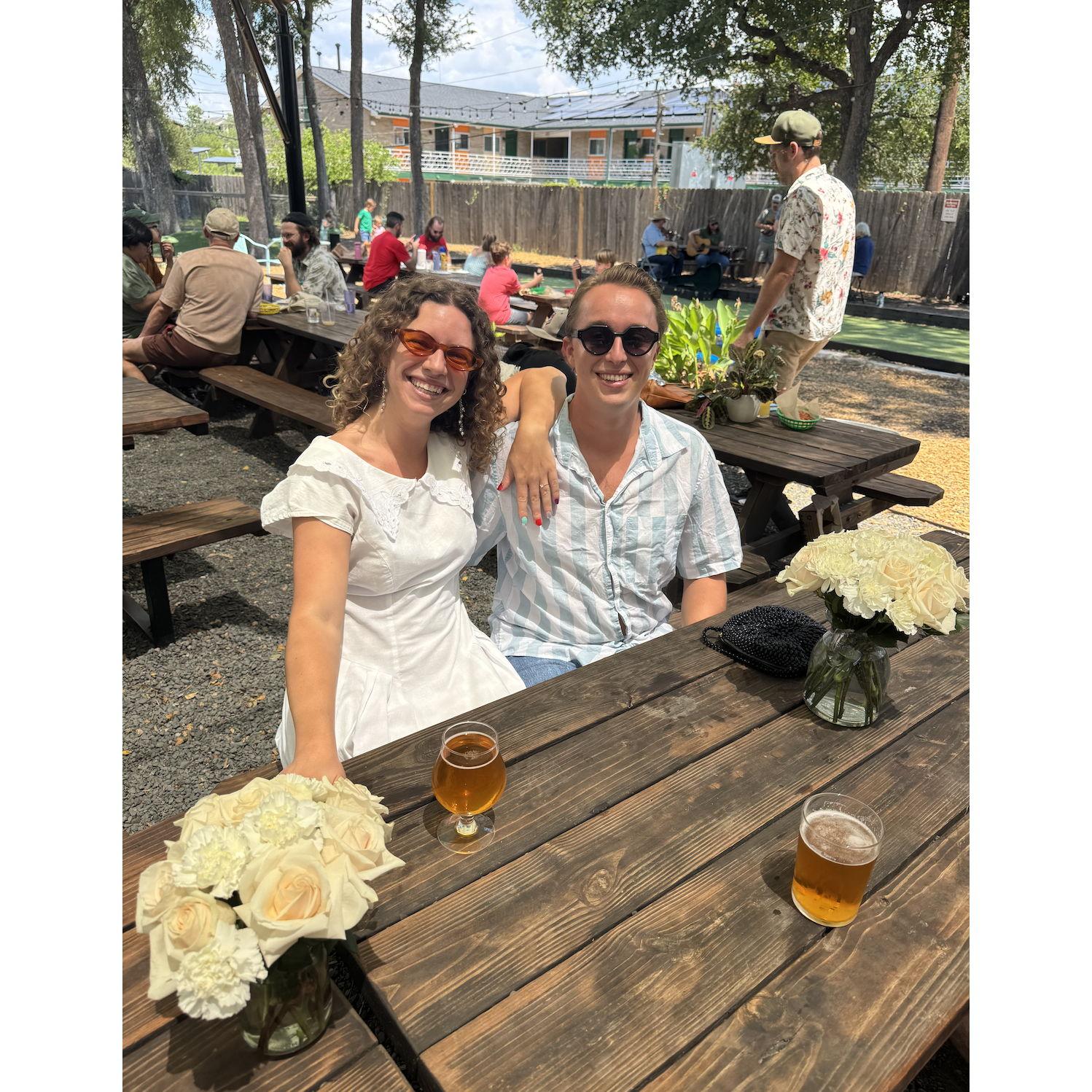 Celebrating our engagement with friends and family at Batch in Austin