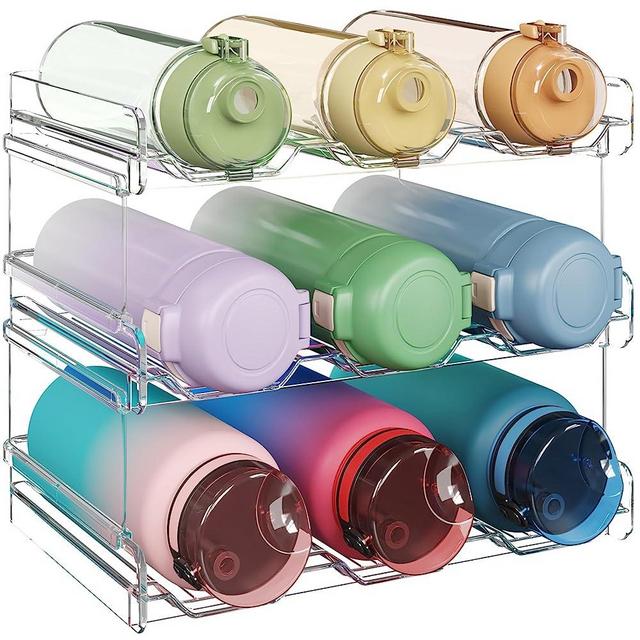Lifewit Stackable Water Bottle Organizer for Cabinet, Water Bottle Holder, Kitchen Pantry Organization and Storage, Plastic Fridge Wine Racks, Tumbler Travel Mug Cup Holder, 3Pack, Hold 9 Bottles