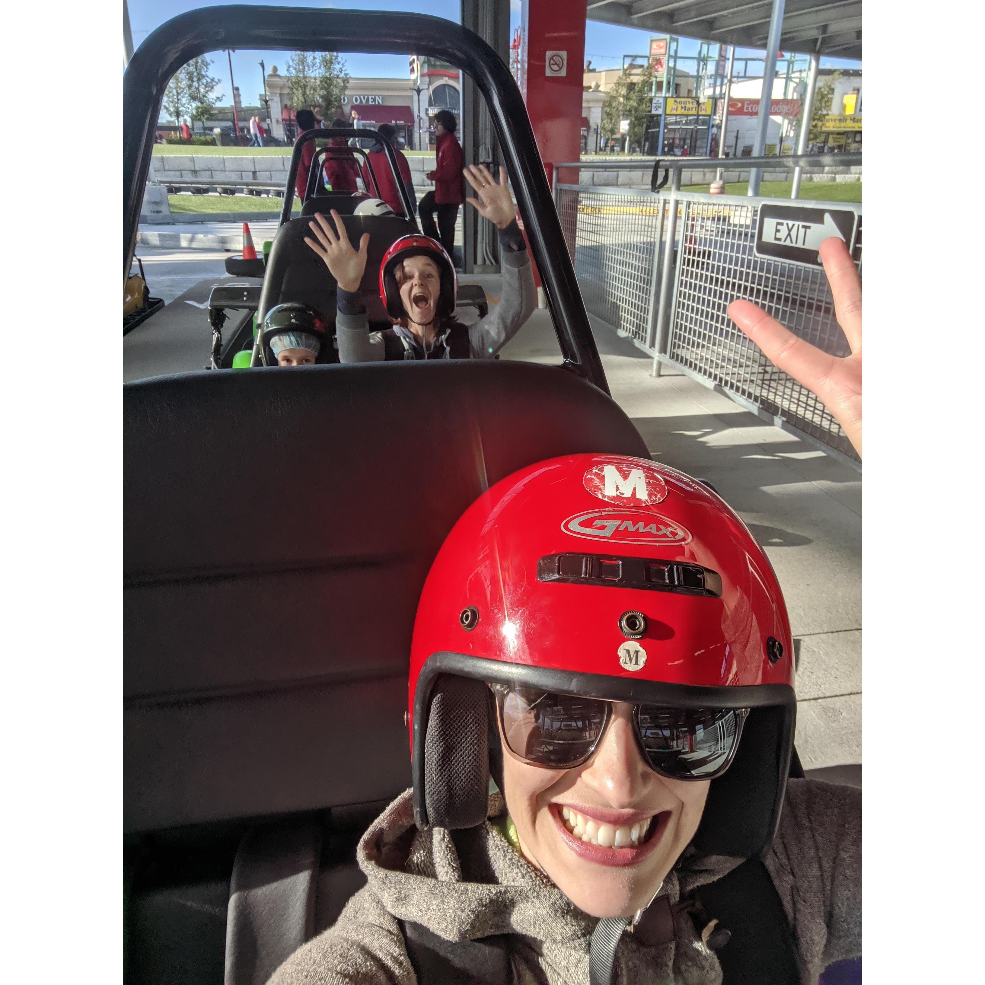Maggie, Olive, and Valerie go-carting, Niagara Falls 2019