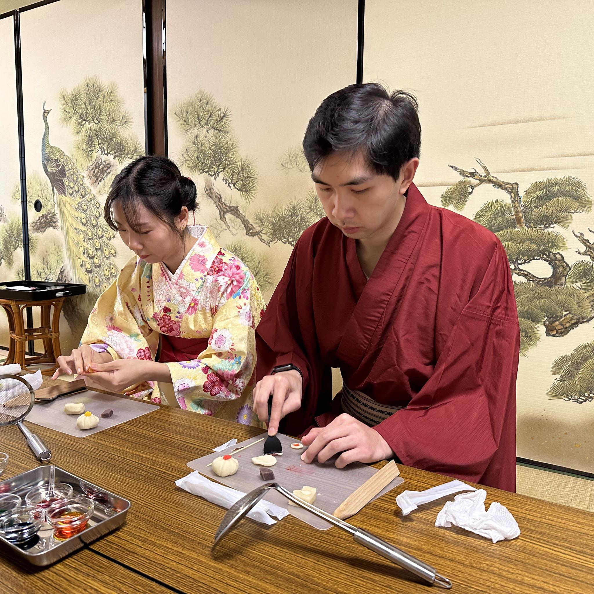 Traditional Japanese sweets class (Ricky made a very long rabbit and Emi made a cat)