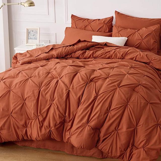 Bedsure King Size Comforter Set - Bedding Set King 7 Pieces, Pintuck Bed in a Bag Burnt Orange Bed Set with Comforters, Sheets, Pillowcases & Shams