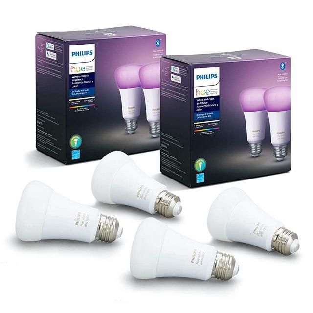 Philips Hue White & Color Ambiance White Smart A19 Lights with Bluetooth, Hue Hub Compatible 4- pack, 548610-4