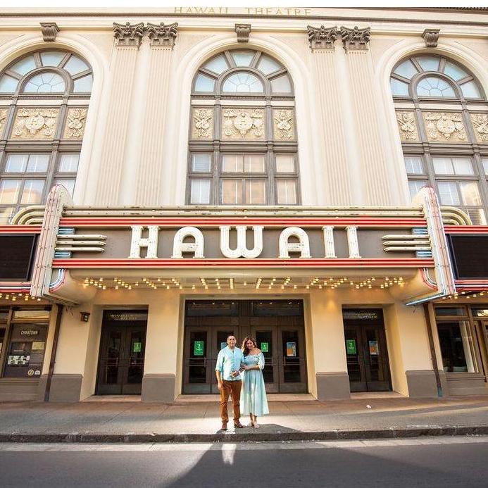 Engagement photo. Landmark Hawaii theatre in Honolulu.