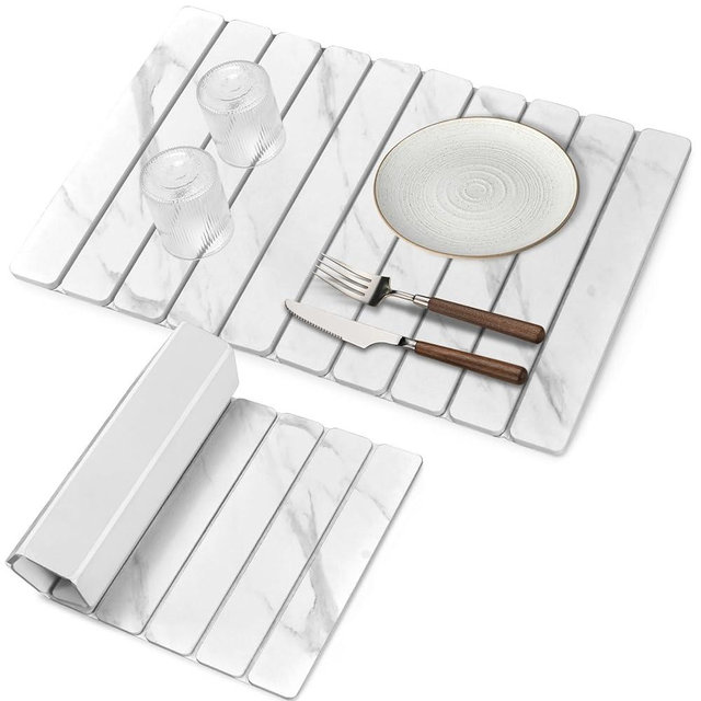 Stone Dish Drying Mats for Kitchen Counter, 24"(L)×16"(W) Marble-Pattern, Collapsible Quick Drying Dish Mats, Ultra Absorbent Diatomaceous Earth Mats for Dishes , Match Any Countertop