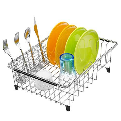 iPEGTOP Expandable Dish Drying Rack and Utensil Cutlery Holder, 304 Stainless Steel Over Sink Dish Rack, Dish Drainer in Sink or On Counter, Rustproof