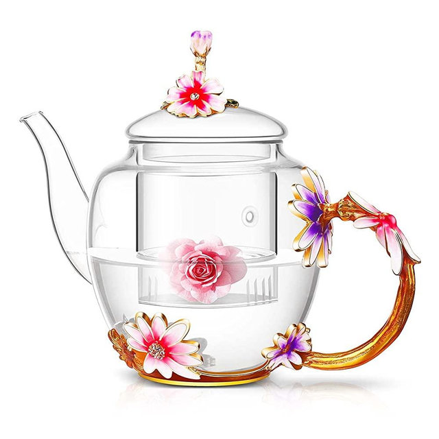 Luka Tech 35OZ Enamel Glass Flower Teapot With Removable Loose Tea Leaf Infuser Tea Maker ,Gifts For Women,Mom,Mothers Day,Christmas,Birthday,Valentines Day