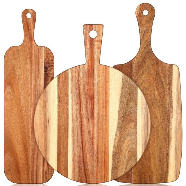 Uiifan 3 Pcs Acacia Wood Cutting Board with Handle Wooden Chopping Board Charcuterie Boards Assorted Size Serving Board Butcher Block Serving Tray for Cheese Pizza, 16 x 12 In, 17 x 7 In, 16 x 4.7 in