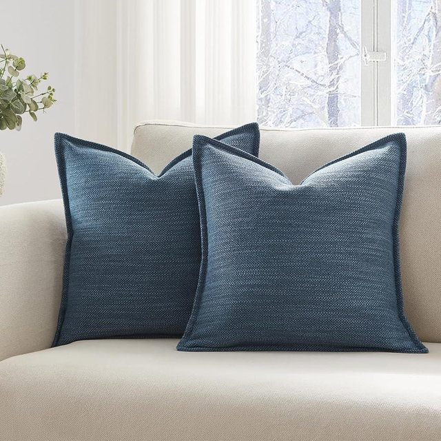 Set of 2 Marine Blue Pillow Covers 18x18, Linen Look Throw Pillow Covers with Flange Edge for Sofa Couch Living Décor