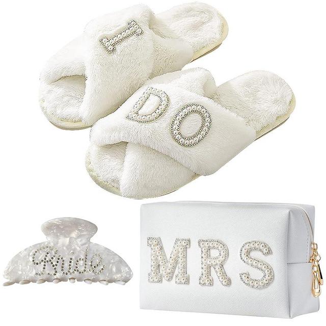 Bride to Be Gift Set, I Do Bride Slide Slippers, Bride Letter Bangle Earrings Necklace Hair Claw Bride Patch MRS Cosmetic Bag