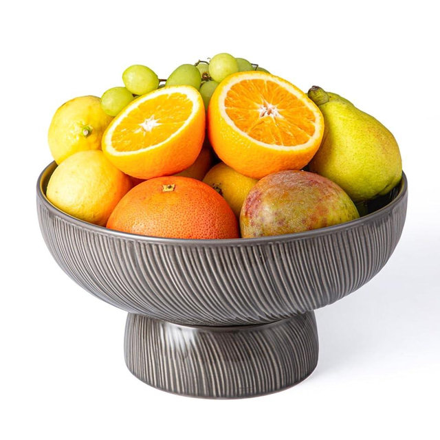 POITONRU Ceramic Fruit Bowl with Pedestal: 10 inch Ceramic Fruit Basket with Drainage Hole and Detachable Base - Dishwasher Safe and Stable - Decorative Bowl for Kitchen Table Counter (Grey)