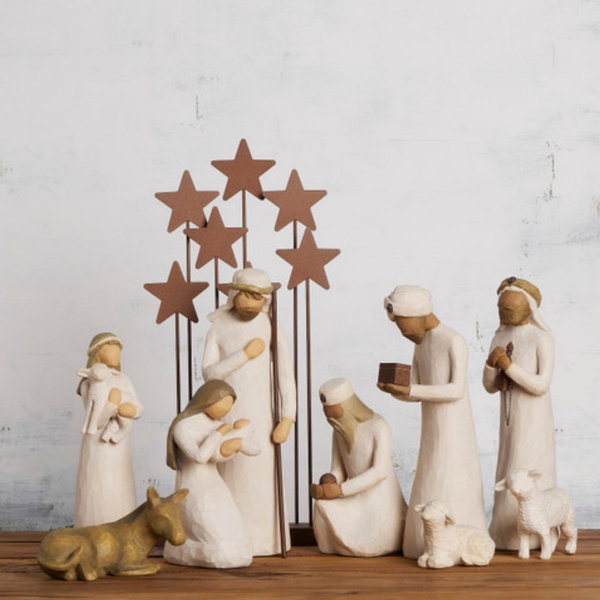 Nativity Starter Figures with The Three Wisemen plus Metal Stars, 10-piece Set