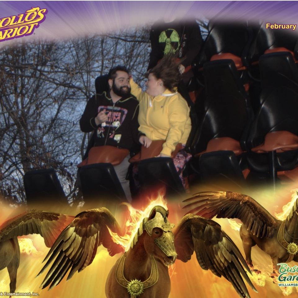 Bush Gardens amusement park, from our va trip. Robert proposed on the ride, took 4 rides to get the photo right, Jenni cried in fear of heights every time, but still had fun!