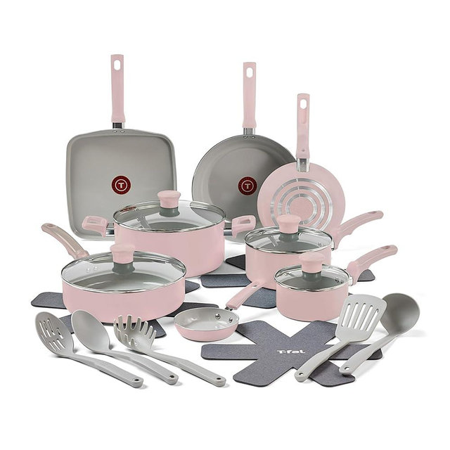 T-Fal Refresh Ceramic Ceramic Non Stick Cookware Set 20 Piece Oven Broiler Safe 350F Dusty Rose