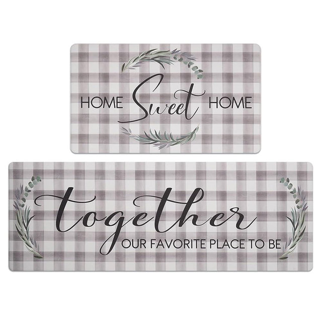 FRESHMINT Kitchen Mats Sets 2 Piece Cushioned Anti-Fatigue Comfort Mat for Home & Office Ergonomically Engineered Memory Foam Kitchen Rug Waterproof Non-Skid, 30" by 17" + 47" by 17", Check Sweet Home
