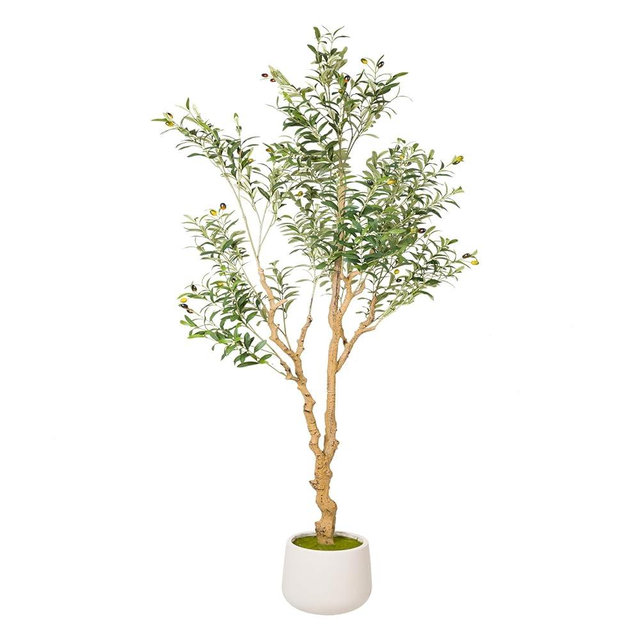 Artizone Artificial Olive Tree with White Pot - Faux Olive Tree for Home Decor, Tall Artificial Plants Indoor, Realistic Trunks Foliage Fruit, Office Decor (7FT)