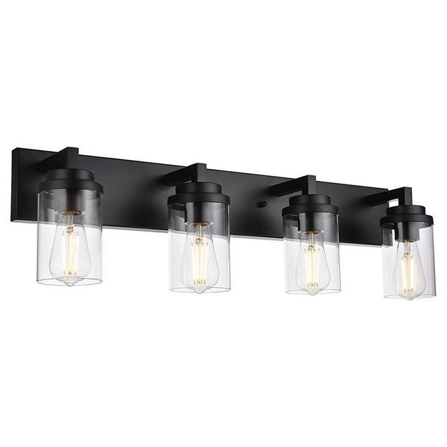 MELUCEE 4-Light Vanity Lights Over Mirror, Farmhouse Bathroom Light Fixtures Black with Clear Glass Shade, Industrial Wall Mount Lamp for Bedroom Kitchen Hallway
