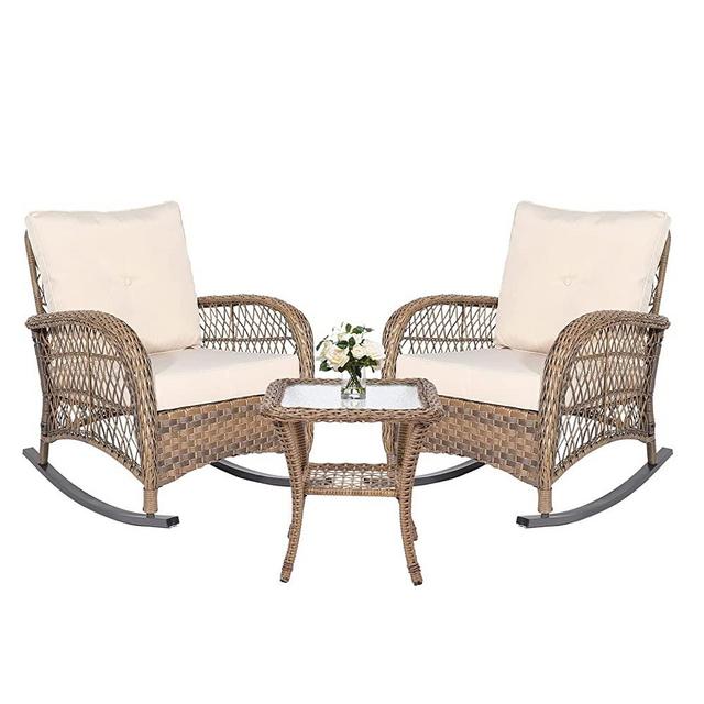 MEETWARM 3 Pieces Outdoor Wicker Rocking Chair Set, Rattan Patio Rocker Chairs Set with Cushions and Glass-Top Coffee Table, Conversation Bistro Set for Porch & Backyard - Beige